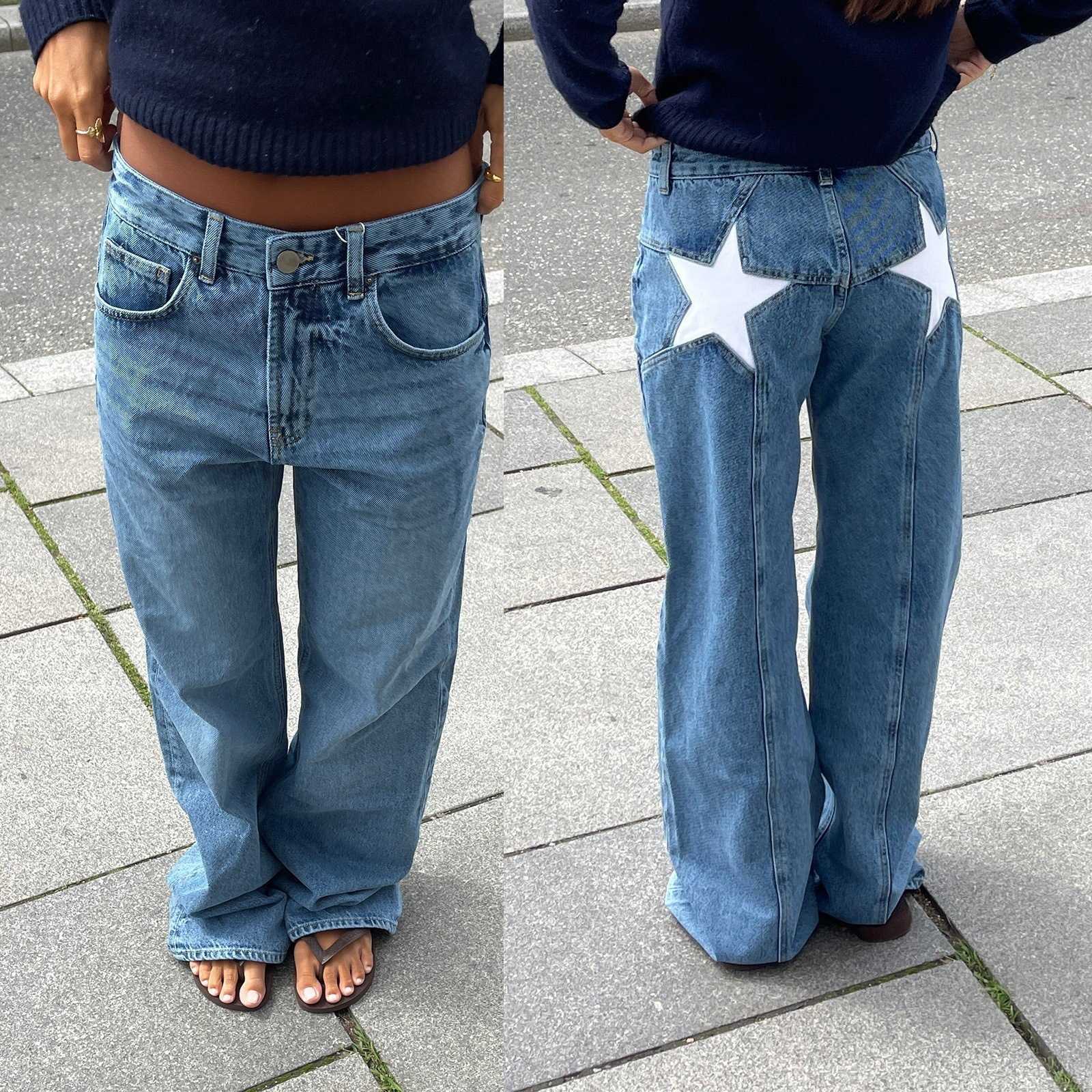 Women's Jeans European-American retro Y2K girl-style five-pointed star low-rise flared jeans for summer, featuring color-blocked design on the ba