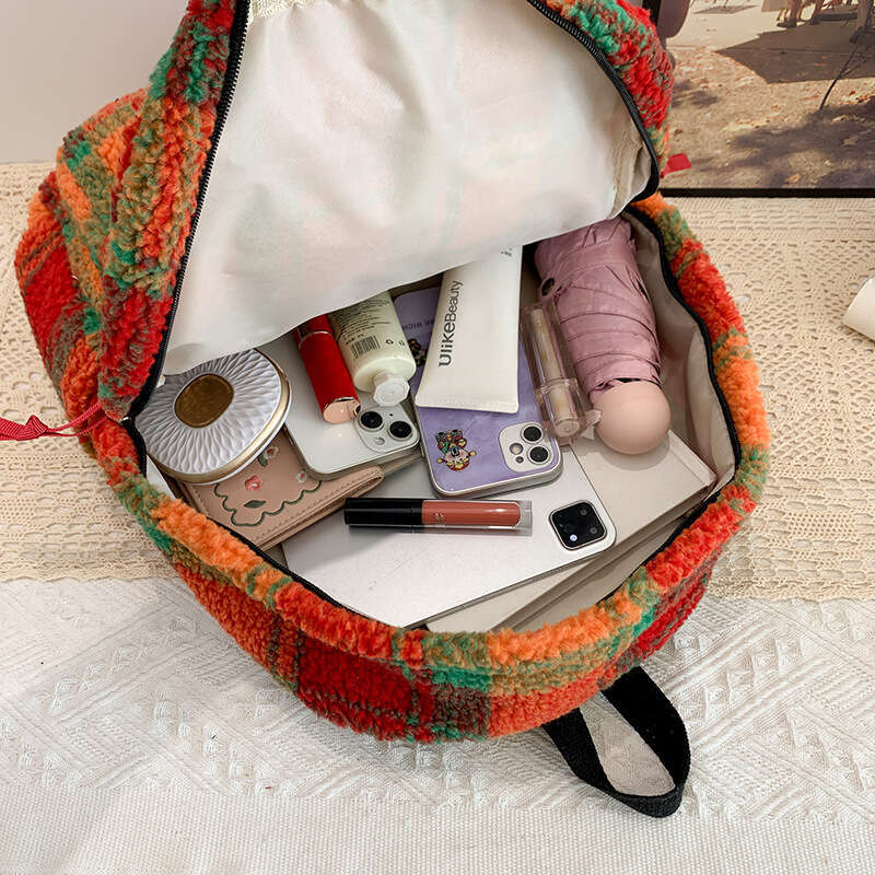 Designer Bags Autumn Winter Rainbow Plush Backpack Women, Style Plaid Furry Double Shoulder Bag For Girls