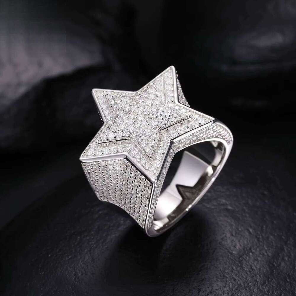 Hip Hop Fashion 3D Star VVS D Moissanite Sparkling Sterling Sier Ring Jewelry for Wedding Party Gift Engagement