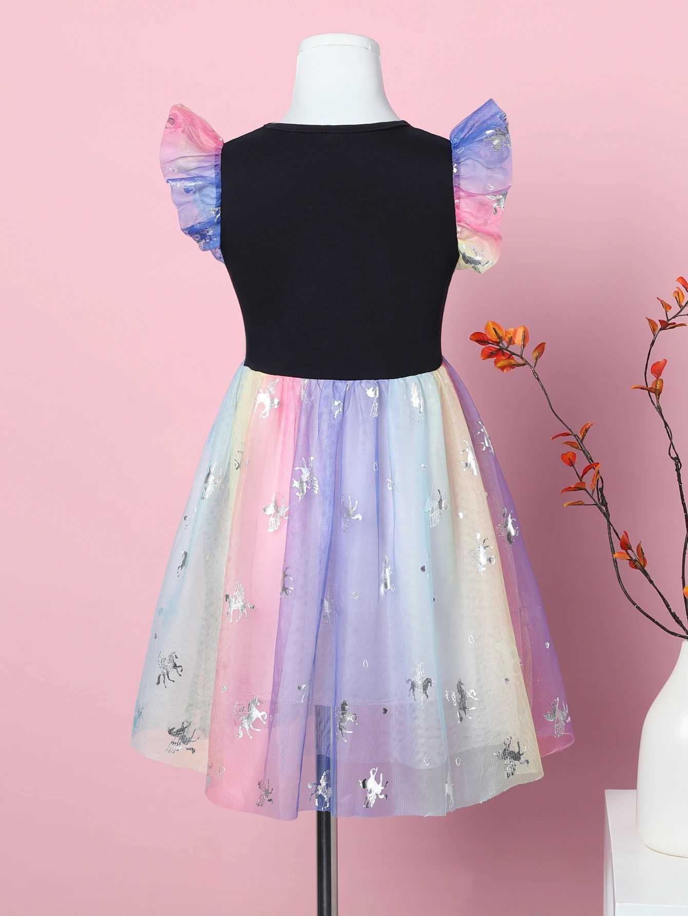 Girls Summer Cartoon Unicorn Print Rainbow Mesh Splice Princess Birthday Party Sleeveless Dress SH1791 W250811