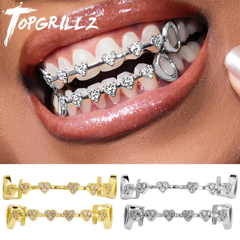 TOP Iced Out Heart Teeth Caps Cubic Zircon Micro Pave 6 Top 6 Bottom Charm Grills Set For Men Women Jewelry 250809