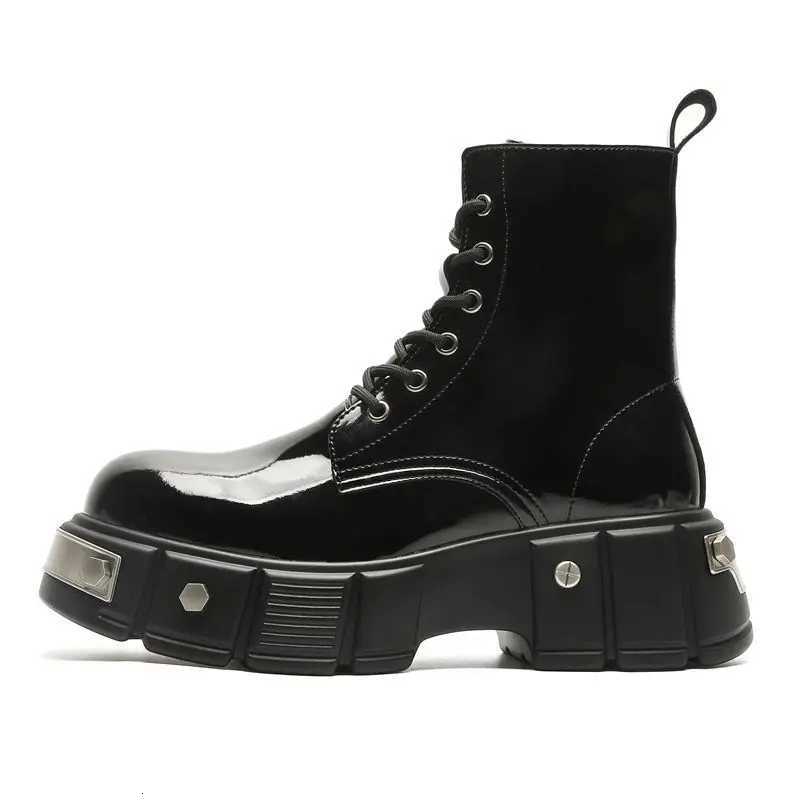 2025 Mens High Top British Style Thick Bottom Increased Bright Leather Black Motorcycle Round Toe Side Zipper Punk Boots Women W250811