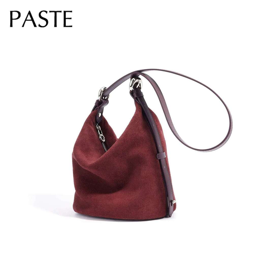New 2025 Soft Unclassified Bucket Tote Wine Red Color Suede Cowhide Leather Women Shoulder Bag Small All-match Pouch