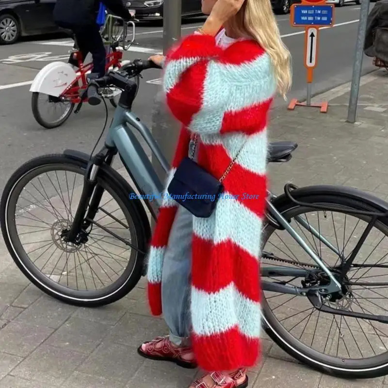 E56A Women Striped Long Cardigan Sweater Coat Open Front Contrast Slouchy Outerwear 250804