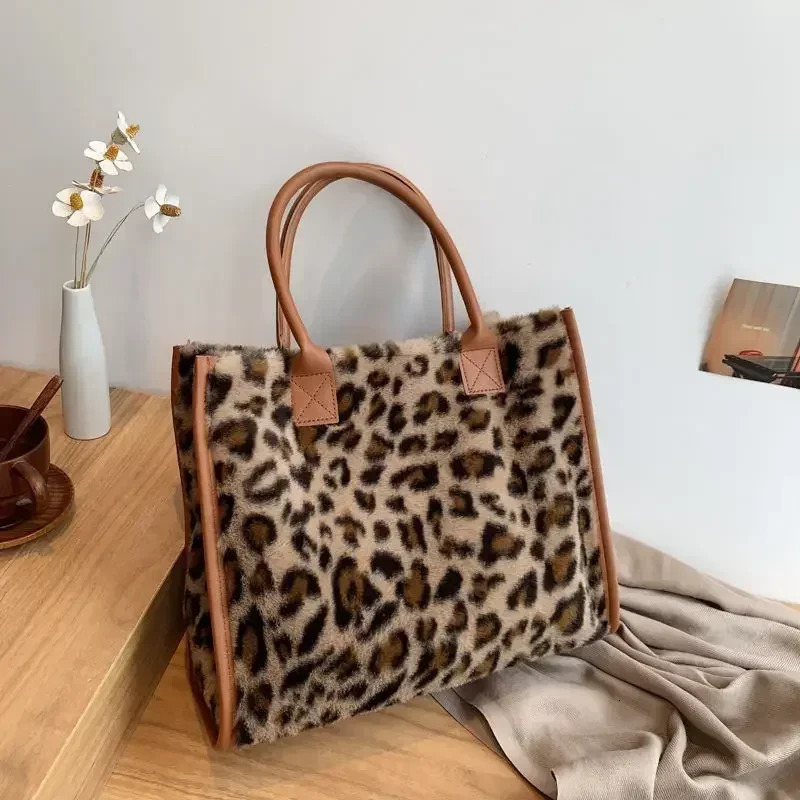 Women Soft Plush Hand Bag Winter Leopard Cow Print Tote Bags Female Pu Leather Underarm Furry Fluffy Shoulder 250811