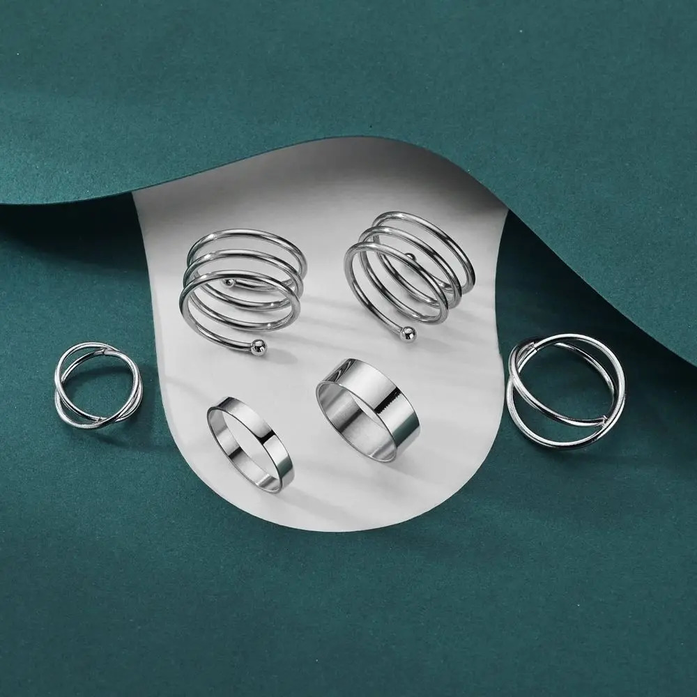 6pcs/set Simple Lines Silver Color Smooth Waterproof Stainless Steel Ring Set For Men Women Personalized Fashion Jewelry Gifts 250805