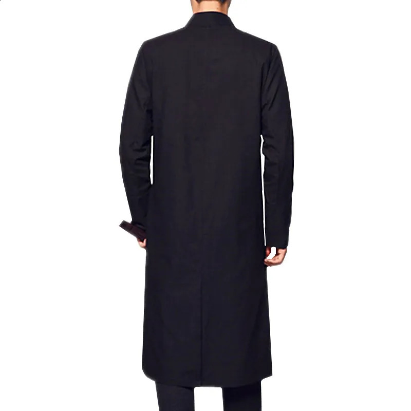 China Style Black Men Long Jacket Single Breasted Standing Collar Embroidered Trench Coat Asian Size M5XL 250729
