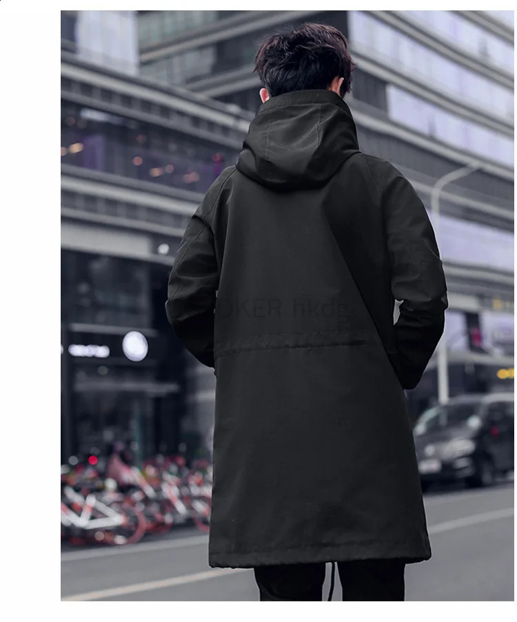 Spring Man Trench Coat Long Fashion Hooded Windbreaker Jacket for Men Black Green Overcoat Casual Outdoor Hiking Rain Coat 250805