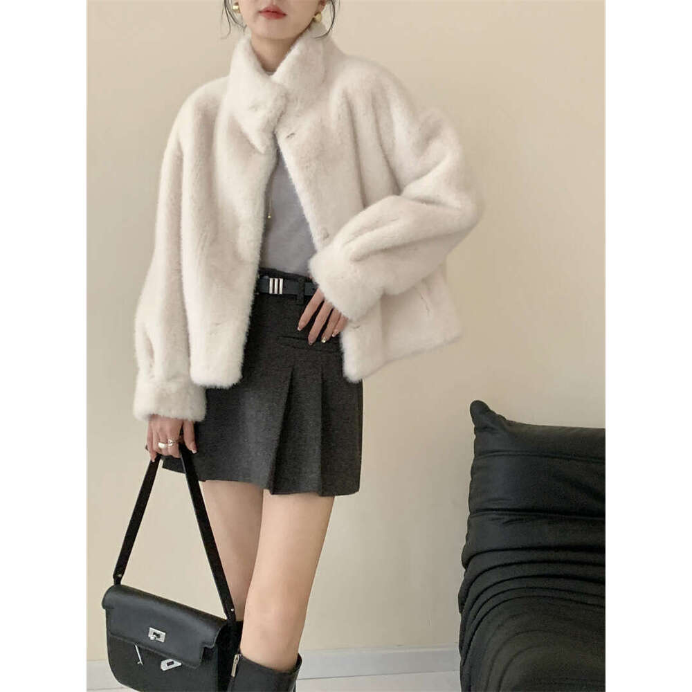 Windproof stand up collar faux fur coat, mink leather jacket, warm winter
