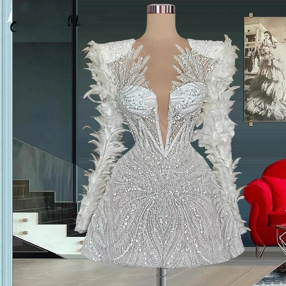 Exquisite Mini Evening Dresses Sequins Feather Gown V Neck Long Sleeves Short Dress Evening Party Customized Dress