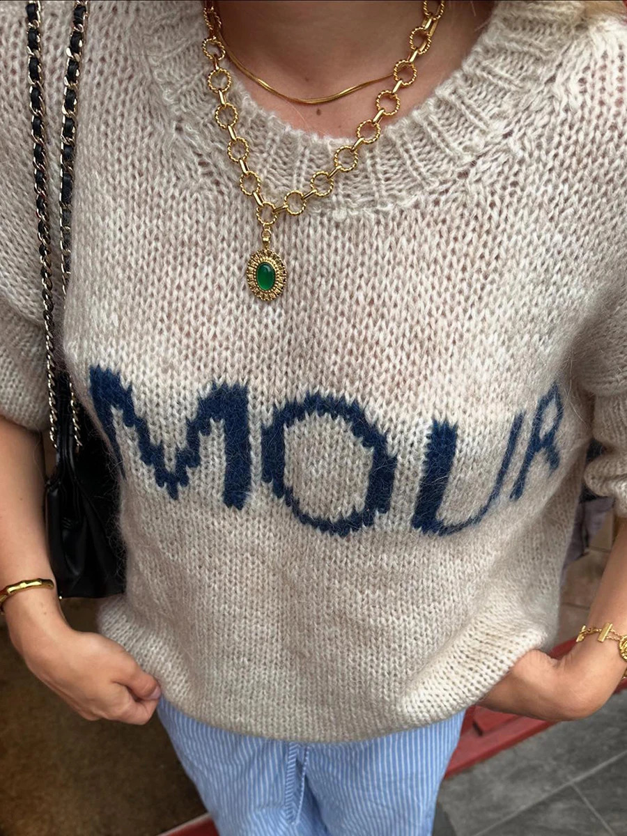 Womens Fall Knit Sweater Half Sleeve Round Neck Solid Color Loose Fit Pullover Tops 250811