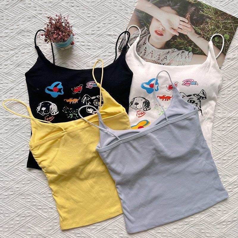Yellow Dopamine Camisole Vest For Women With Chest Pads Beautiful Back Tube Top Base Layer Outerwear Sweet And Spicy Printed Top