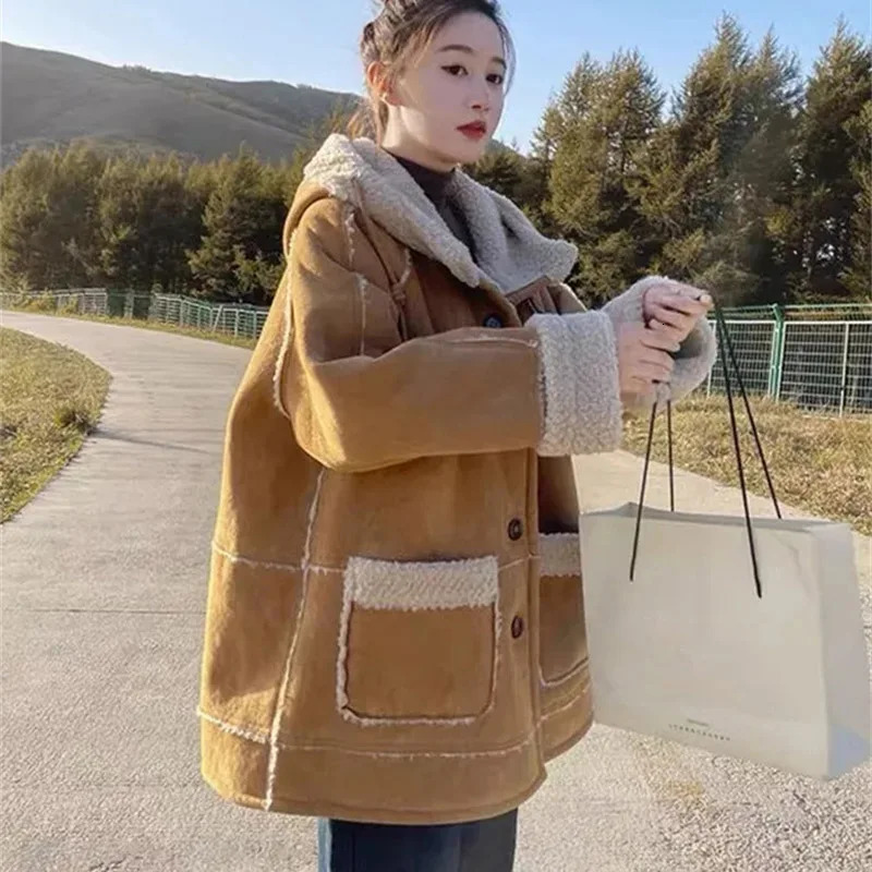 Winter Female Suede Velvet Lamb Wool Tops Ladies Medium Long Styles Hooded Jacket Women Sleeves Lntegrated Fur Leather Coat 250811