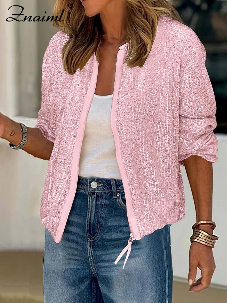 Znaiml Women Sequin Jacket Y2k Harajuku Green Color Zipper Long Sleeve Short Coat Autumn Winter Ladies Night Clubwear 250811