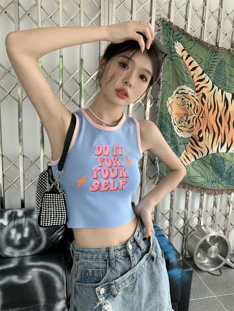 French Chic Small Camisole For Women Summer Hot Girl Outerwear Color Block Slim High Waist Crop Top Sleeveless BM Top