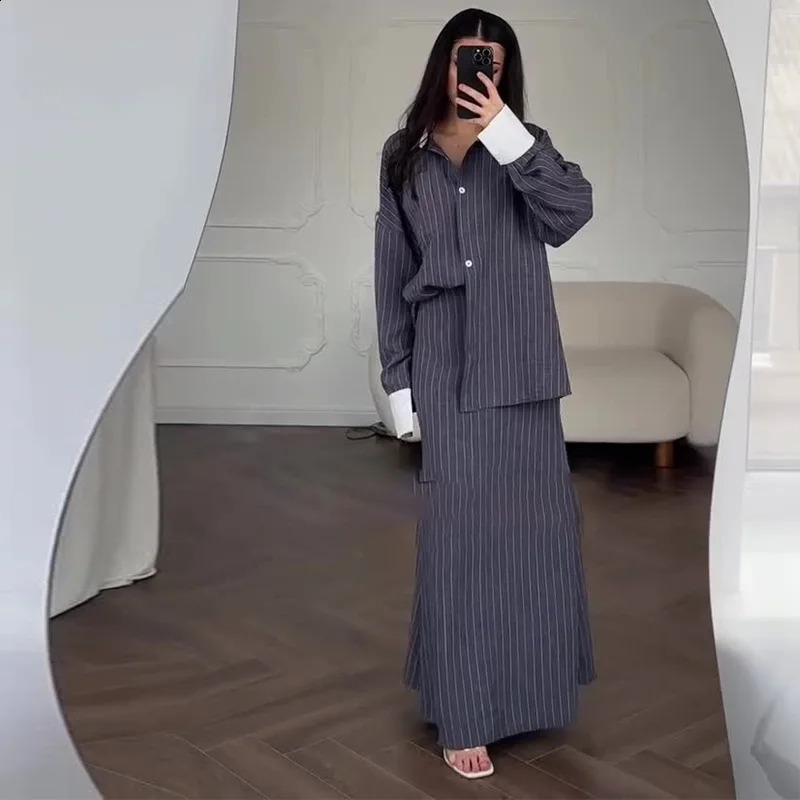 Fashion Autumn Winter Office Lady Womens Single Breasted Long Sleeved Shirt with Hip Wrapping Striped Long Skirt Set 250807
