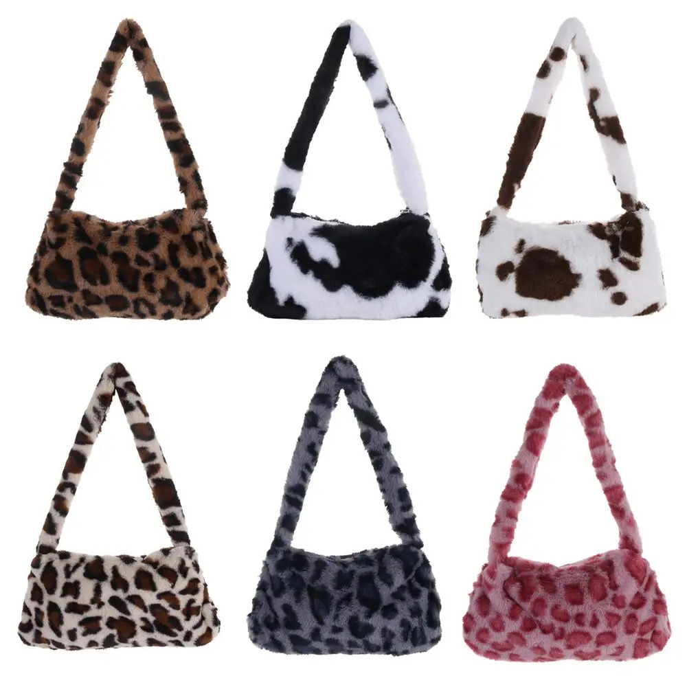 Fashion Soft Faux Fur Plush Underarm Handbag Cow Print Leopard Mini Shoulder Bag Purse 250811