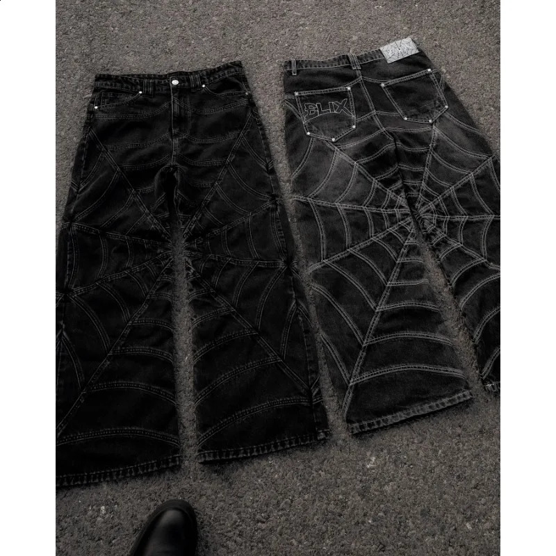 Gothic geometric spider pattern rosted long sleeves high quality baggy wide leg jeans for men niche Y2K versatile street trouser 250804