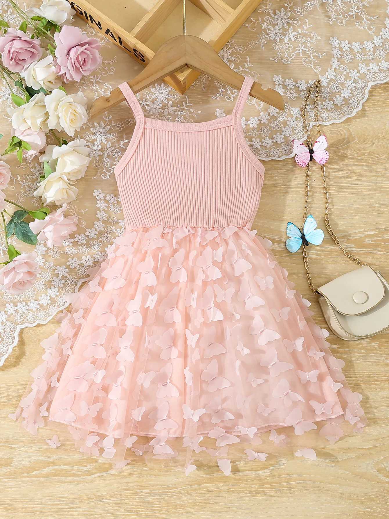Summer Toddler Kids Girls Clothes Babys Butterfly Decor Mesh Splicing Cami Dress Elegant Sleeveless Princess Dress W250811
