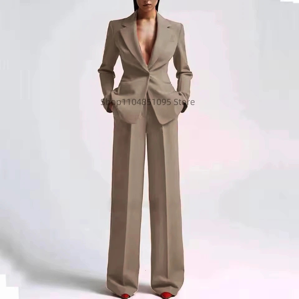 Elegant Solid Womens 2 Piece Suit Lady Business Office Suits Slim Fit One Button Jacket Women Tuxedo Casual SuitsBlazerPants 250809