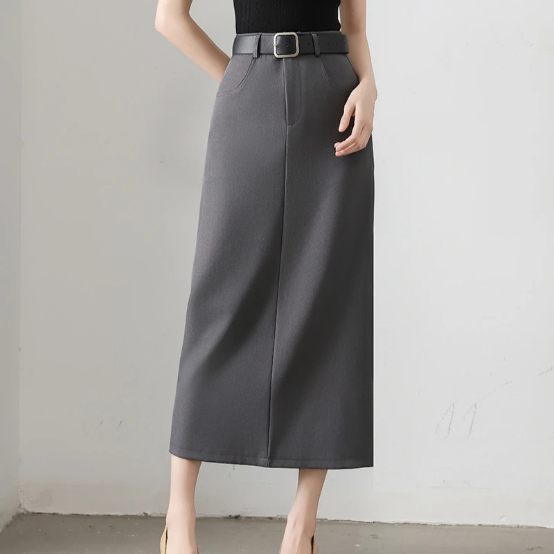 Spring Summer Vintage Grey Back Split Womens Wrap Skirts High Waist Office Lady Sheath Pencil Long for 250811