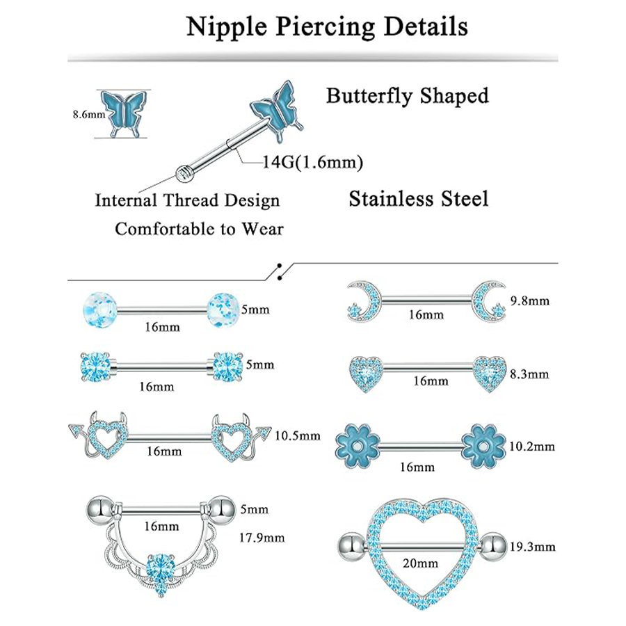 9 Pairs Nipple Rings Stainless Steel Heart Butterfly Moon Flower CZ Barbell Tongue Rings Set Cute Nipplerings Piercing Jewelry for Women Blue Tone