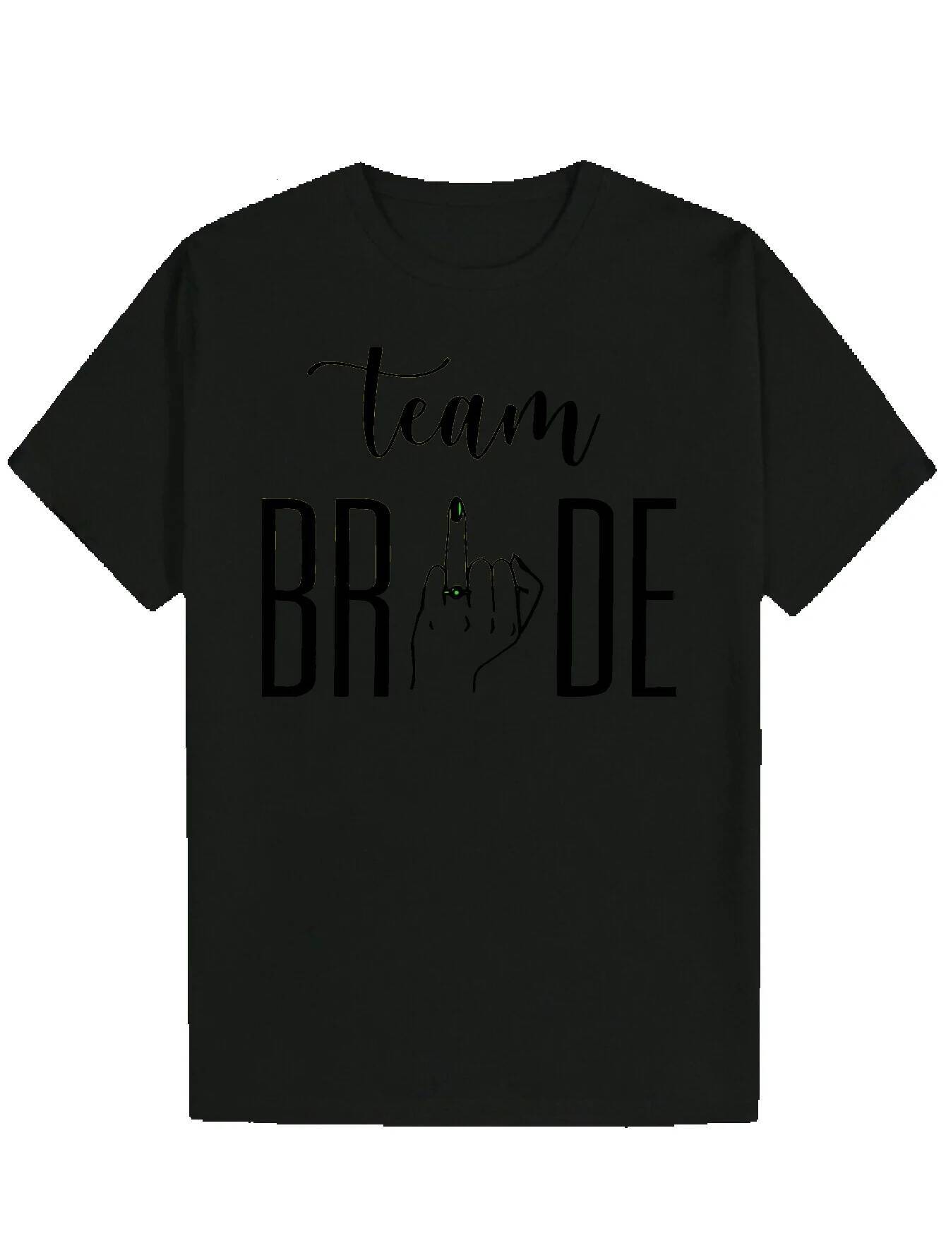 Men's Summer Short Sleeve T-Shirt - Team Bride Pattern Print, Black with White Letters, Lightweight Polyester Fiber, Round Neck, Machine Washable