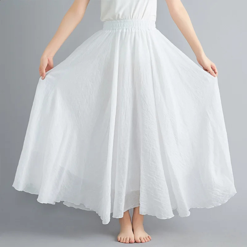 28-Color Mori Girl Literary Cotton Linen Dress Elastic Waist A-line Expansion Skirt Solid Color Ethnic Style Women Long Skirts 250809