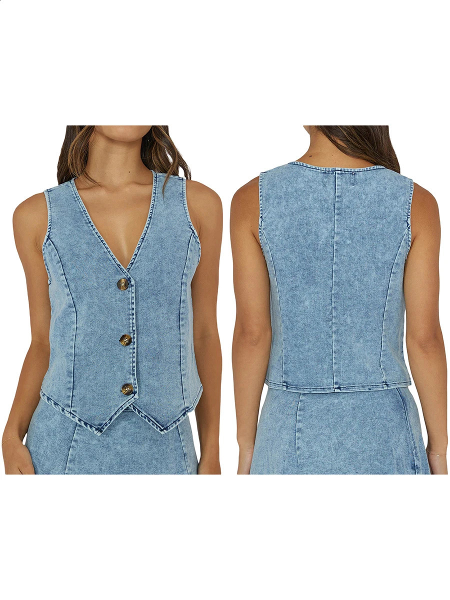 2024 Fashion Simple Style Womens Summer Casual Tank Tops Sleeveless V Neck Button Up Denim Vest 250805