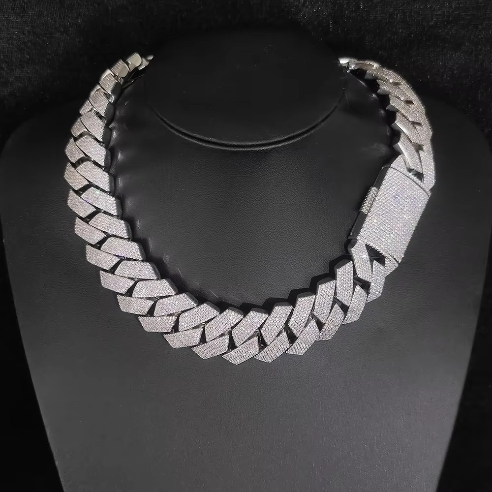 Fine Jewelry 15mm Brass Iced Prong Cuban Link Chain Silver Plated 6 Row Diamond Cuban Chains Womens Hip Hop Necklace