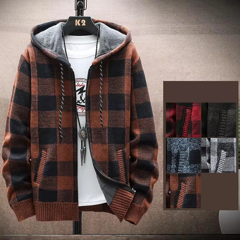 Mens Fleece Warm Cardigan Plaid Sweater Hooded Winter Clothes Korean Knit Coat Full Zip Cardigans Jacket Fashion Jumper 250805