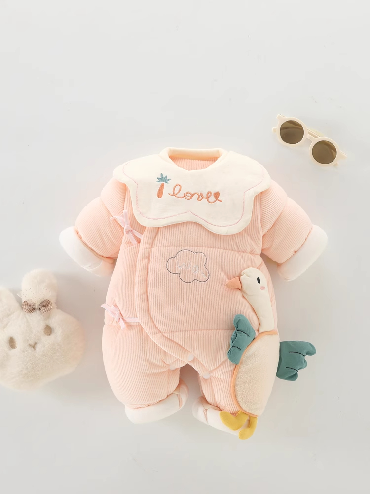 Baby Winter Fleece Thick Cotton Detachable Bib Onesie with Ties