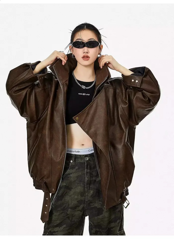 Korean Fashion Black Leather Jacket Women Clothing AutumnWinter Loose Casual Coat PU Leather Motorcycle Jacket Women Tops 250811