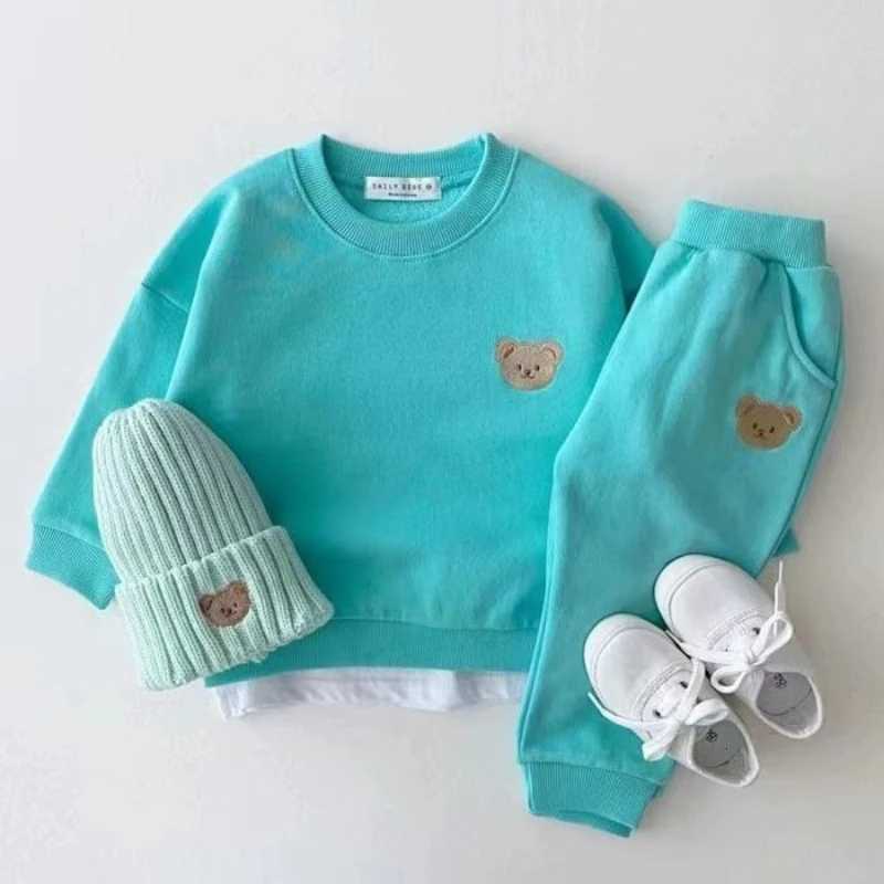 11161 Korean Style Children Toddler Fashionable Bear Round Neck Sweatshirt Sports Pants Casual Outfit Set for Infants Z250811