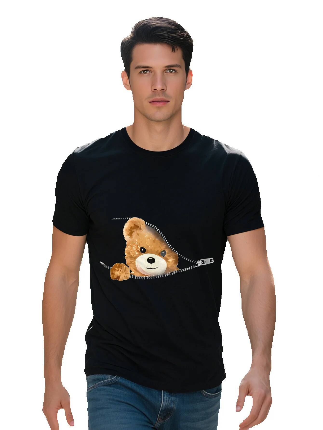 Men s Summer Fashion with D Cartoon Bear Print Soft Polyester Micro Elastic Round Neck Short Sleeve Sporty T-Shirt 1d28b 732b9