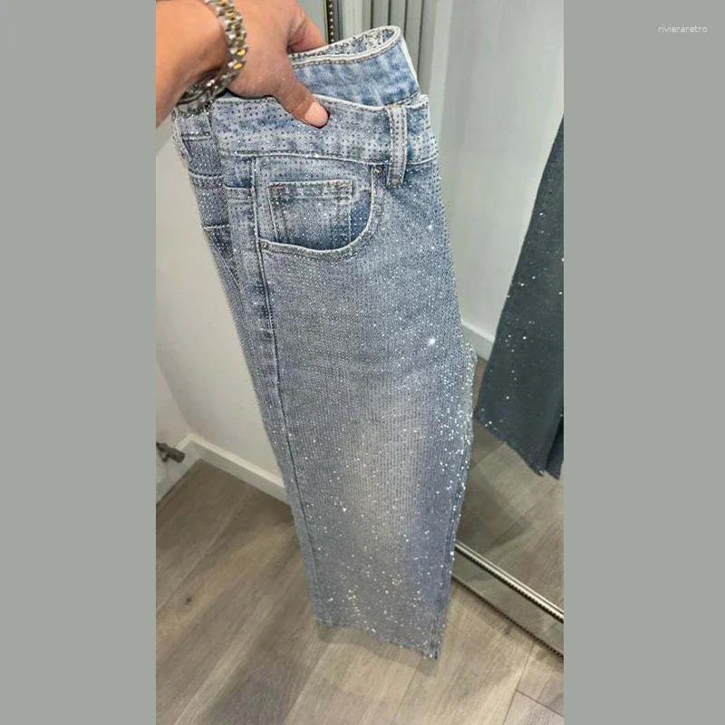 Women's Jeans Sparkling Women Slight Blue All-Over Rhinestone Denim Full s Pants High Waist Straight Luxury Casual Daily Trousers Z260313