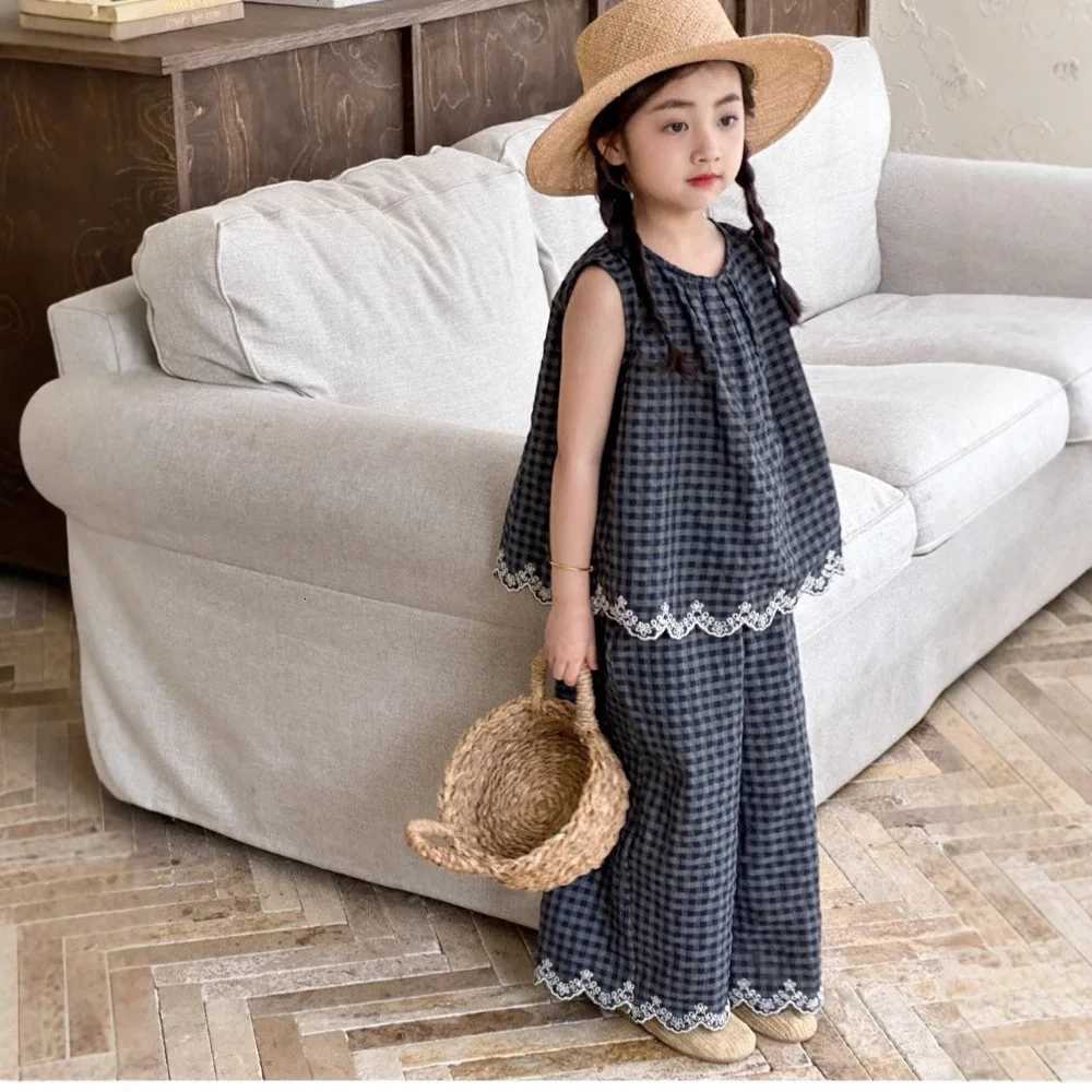 Girls Summer Outfit New Kids Temperament Plaid Lace Vest+Wide Leg Pants Two-piece Set Trendy Childrens Clothing Sets Z250811