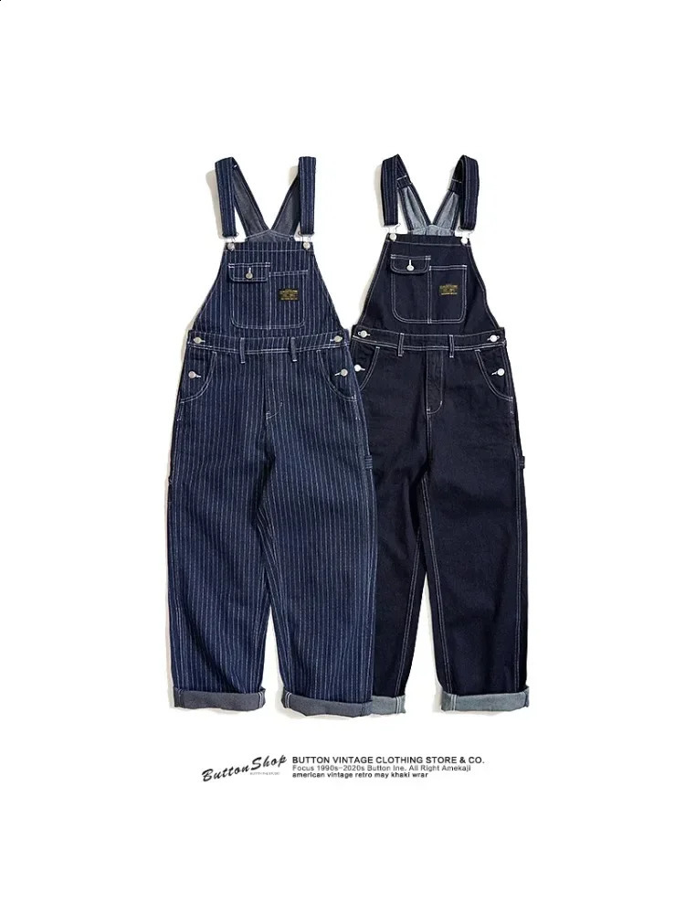 American Vintage Raw Blue Denim Jumpsuits for Men Vertical Striped Wide Leg Loose Straight Overalls Pants Jeans Amekaji Workwear 250729