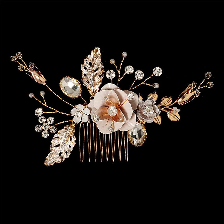 Gold Color Floral Wedding Hair Combs Bridal Accessoaries for Women Bride Pearl Headpiece Jewelry Bridesmaid Gift 250804