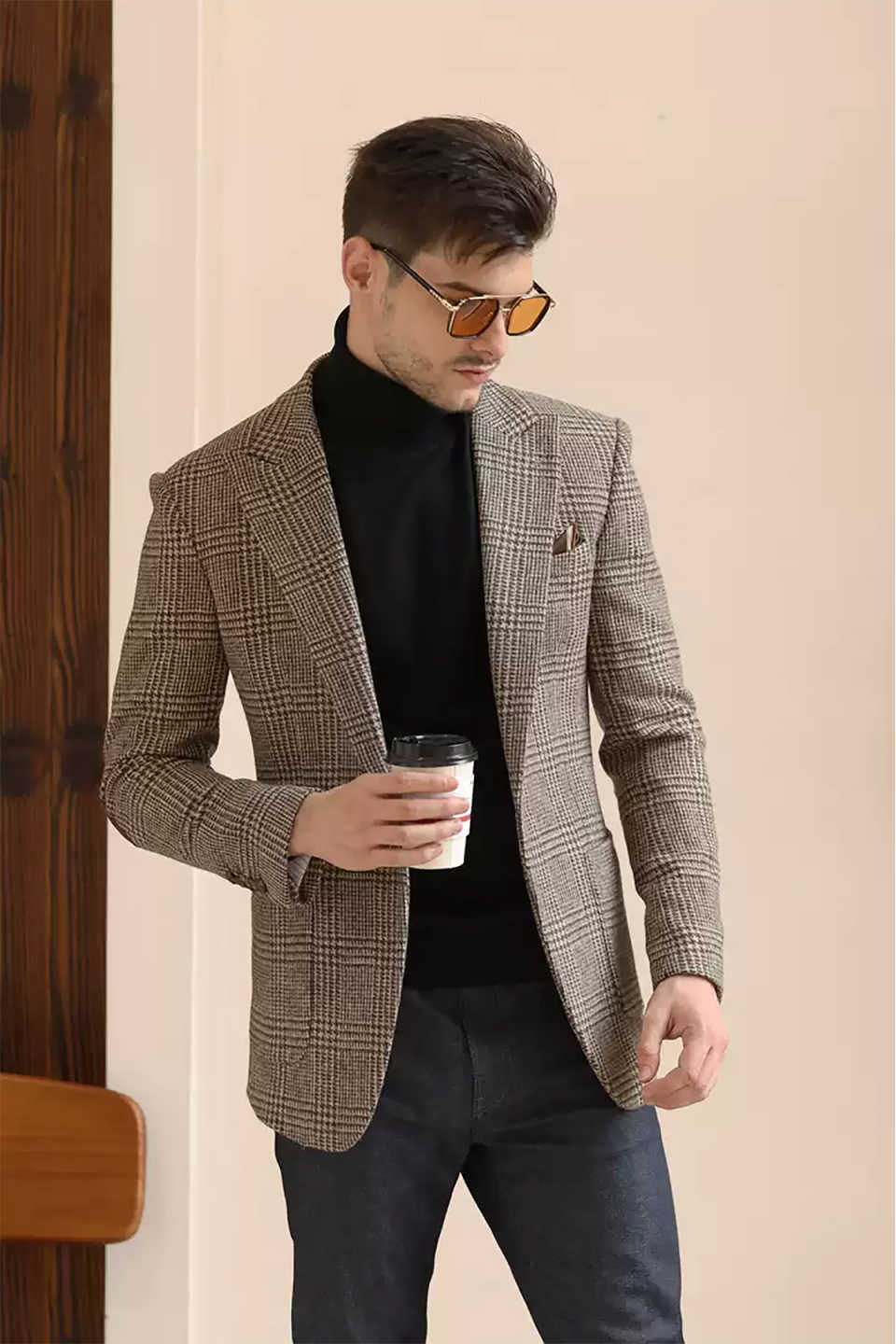 Vintage Men Suit Single Breasted Houndstooth Short Man Tailcoat Peaked Lapel Business Blazers Overcoat High Quality Customized