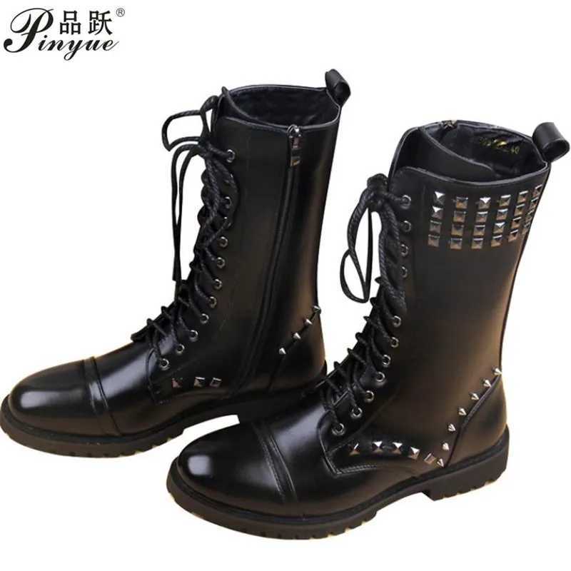 England Style Boots Black Punk Motorcycle Boots For Men PU Leather Zipper Buckle Strap Warm Snow Boot Riveted Mens Boots W250811