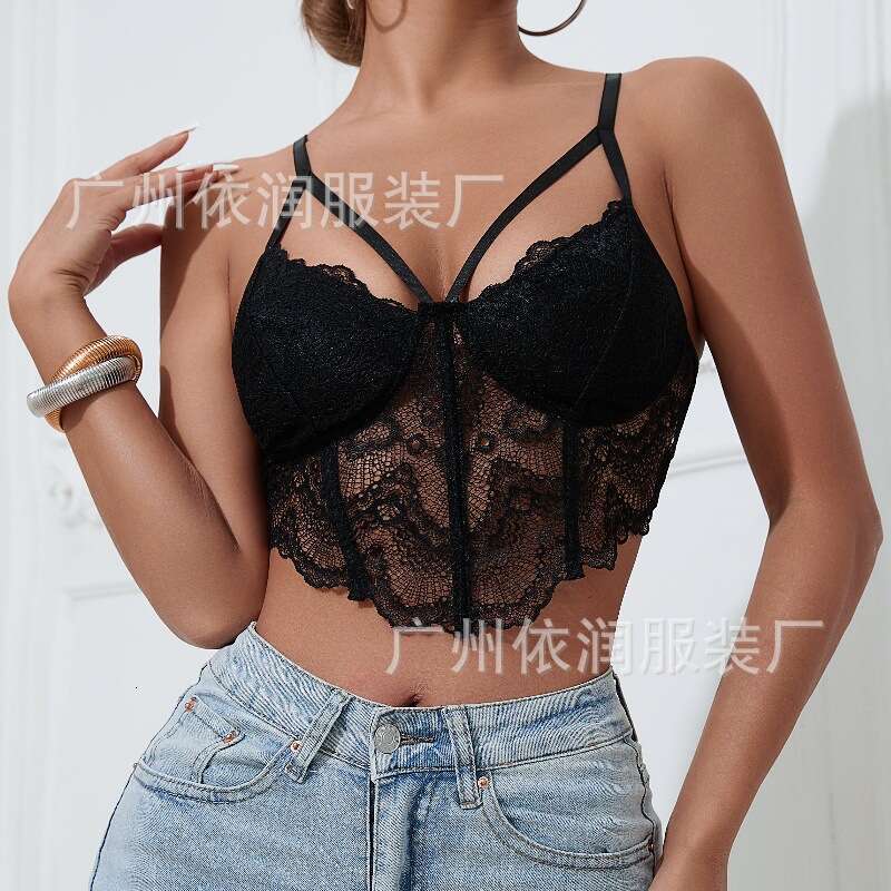 Summer Lace Patchwork Sexy Backless See-through Slim Fishbone Solid Color Camisole Tank Top