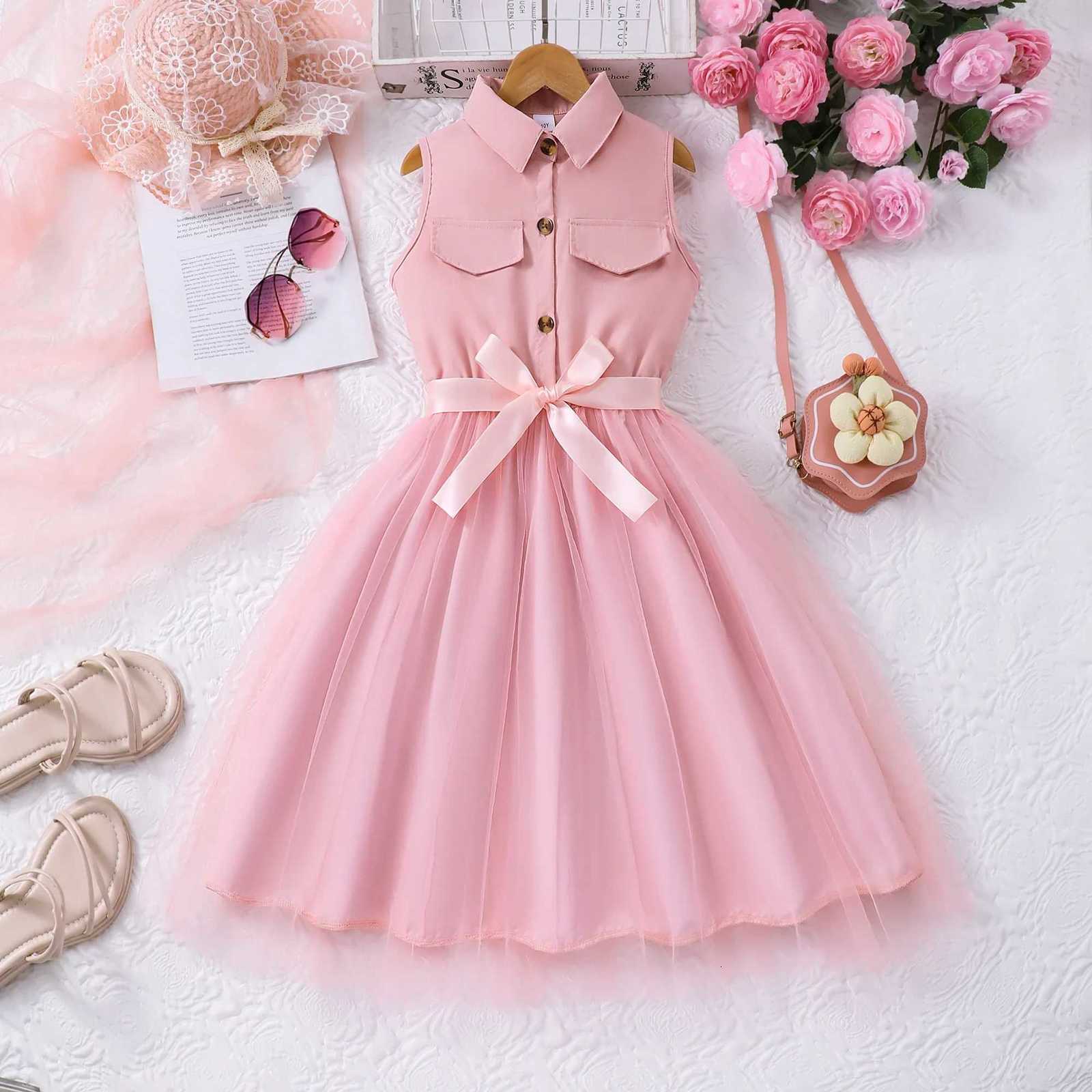 7-12 Years Dress for Girls Clothes Summer Khaki Kids Dresses Sleeveless Casual Vacation Elegant Brown Mesh Children Princess Dresses W250811