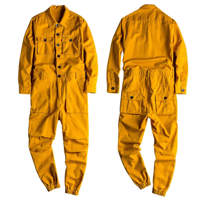Spring Overalls Mens Jumpsuit Loose Long Sleeve Cotton Cargo Pants Black Yellow Workwear Trousers Working Uniform Rompers 250729
