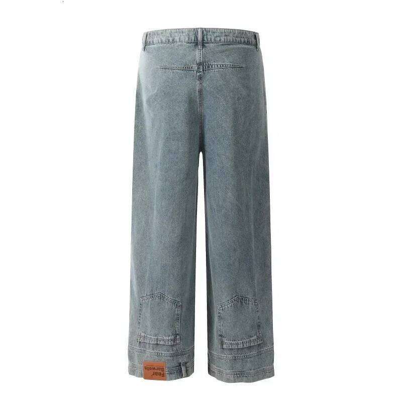Autumn Men's High Street Fashion Baggy Jeans Reverse Pocket Design Straight Wide Leg Denim Trousers Solid Color Y2K Vintage Jean