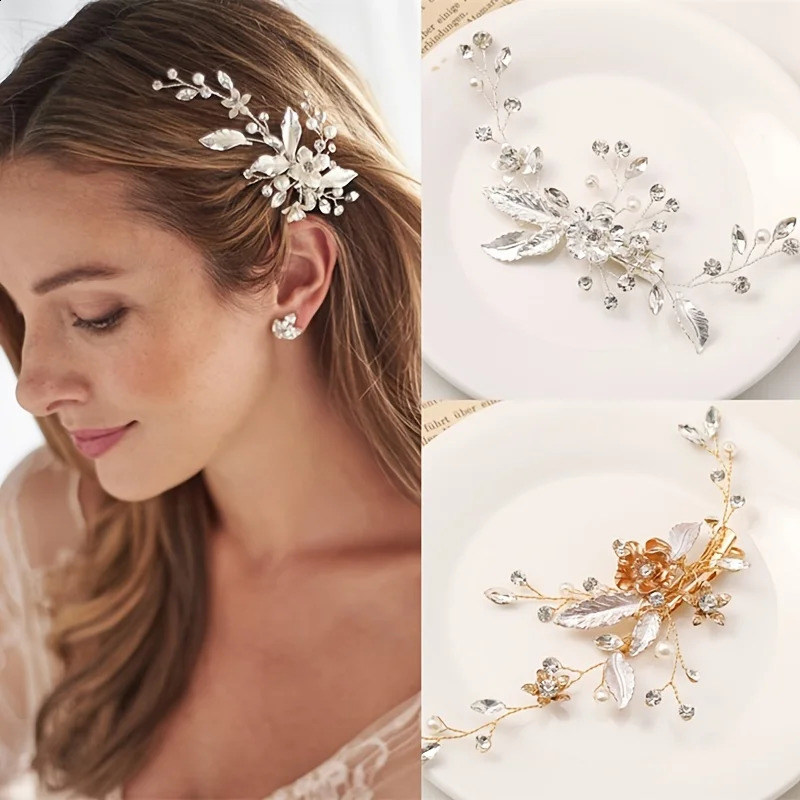 Trendy Gold Silver Color Flower Leaf Crystal Hairpin Headband Tiara Bridal Wedding Hair Accessories Headpiece Jewelry Ornaments 250804