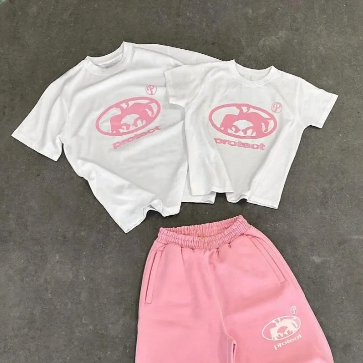 Men's Tracksuits Casual Protect Letter Graphic T Shirts Two Piece Sweatpant Clothes Men Streetwear Oversized Pink Pants Set Clothing