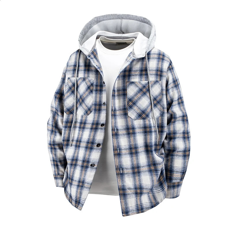 Hooded mens and womens wearable plaid shirts Japanese shirt jackets for spring fall loosefitting longsleeve 250808