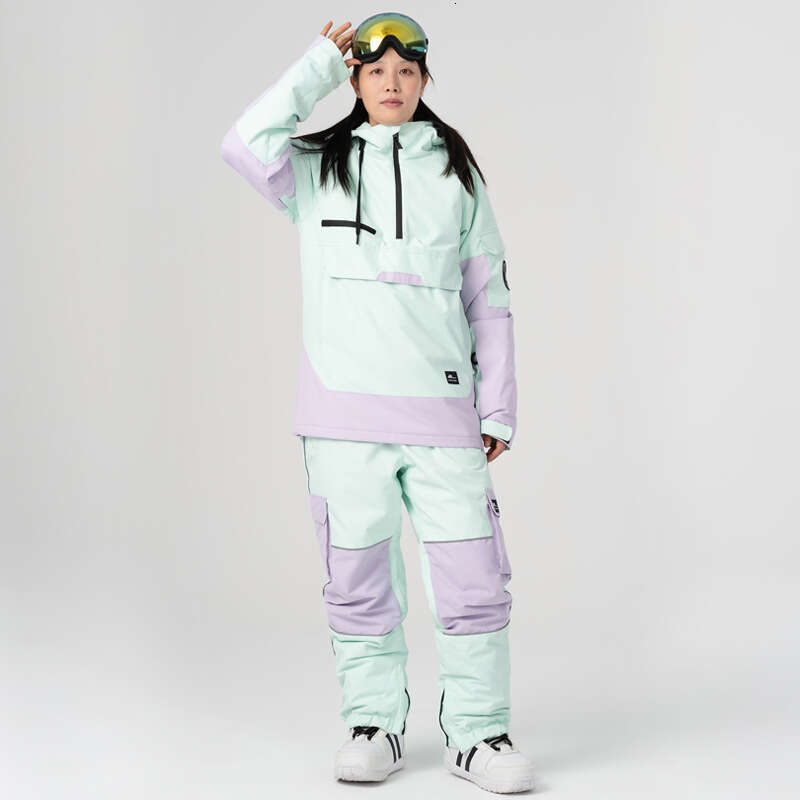 New contrast color suit set windproof waterproof warm breathable hoodie leggings ski pants men and women one piece