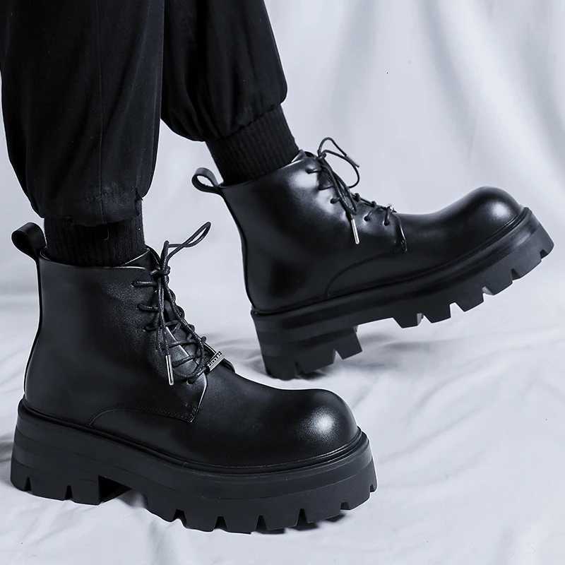 Autumn Men Casual Shoes 7cm Platform Leather Chunky Ankle Boots Outdoor High-top Sneakers Lace-up Comfortable Sport Shoes Size 36-45 W250811